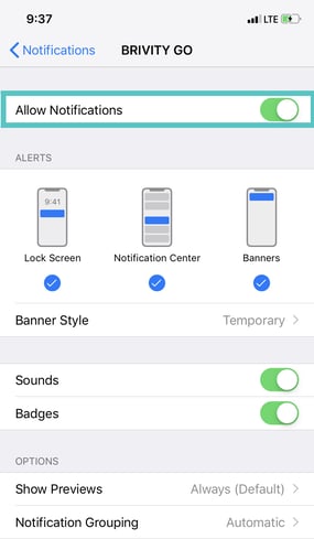 Iphone Brivity go allow push notifications